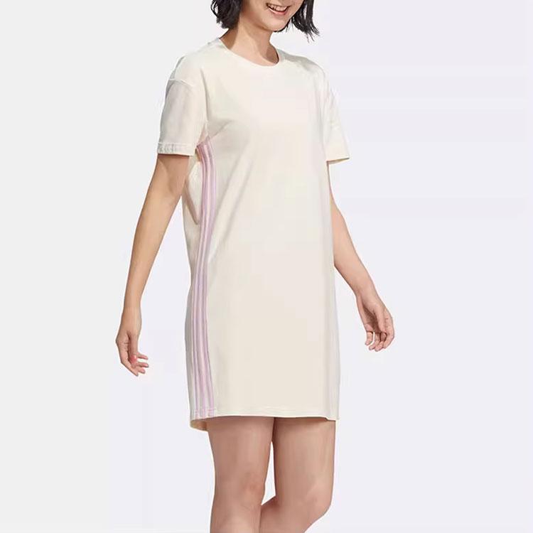 Adidas Neo Solid Color French Cartoon Pattern Printed Mid Waist Round Neck Short Sleeve Dress Women Dresses Beige HF7315