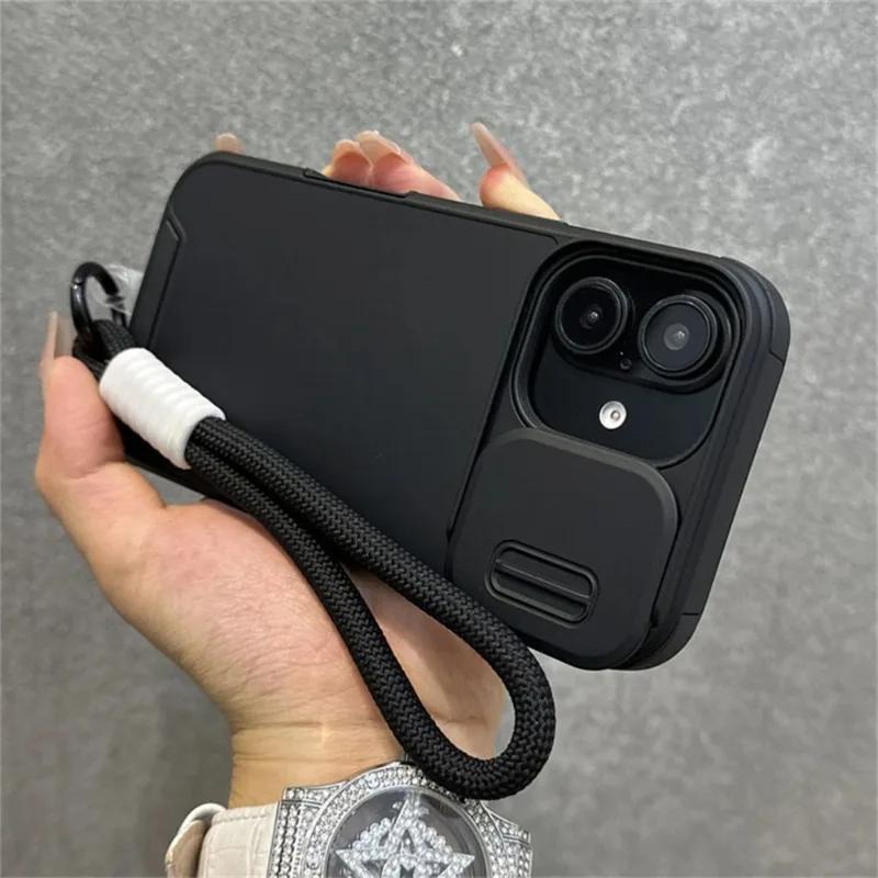 Pouzdro Armor s posuvným okénkem, ochranou, šňůrkou na zápěstí pro iPhone 17 Air 16 15 13 12 11 14 Pro Max, jednobarevný nárazník, kryt se šňůrkou