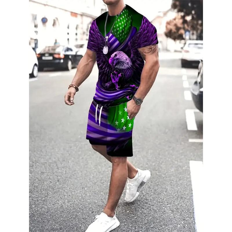 Sommer Herren Löwenmuster Kurzarm Rundhals Atmungsaktives T-Shirt Shorts Anzug Neuer Herren Temperament Streetwear Anzug