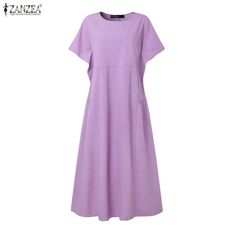 ZANZEA Women Casual Round Neck Loose Summer Short Sleeve Dress