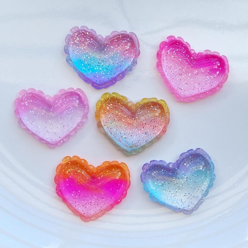 10Pcs New Cute Resin Shiny Tricolor Heart Flat Back Cabochon Scrapbook Kawaii DIY Embellishments Accessories