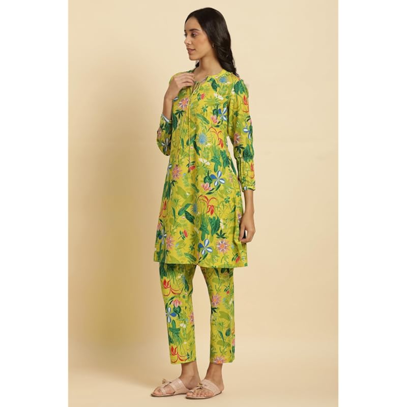 W Green Floral Printed Cotton Kurta and Pant Set for Women
