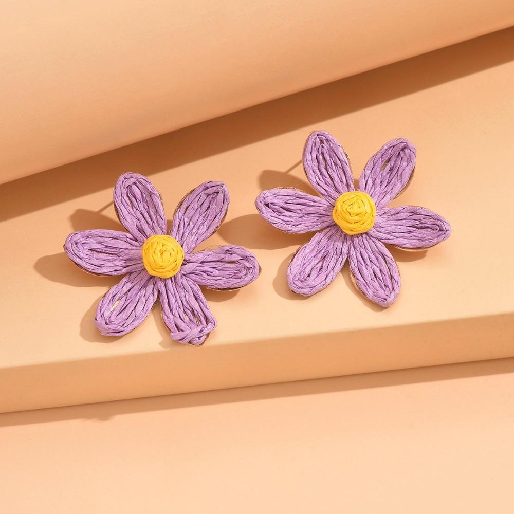 Raffia Sunflower Earrings Exaggerated Shape Flower Stud Earrings Weaved Ear Accessories Gift