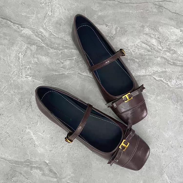 

First encounter season cover ancient flat-soled single shoes shallow mouth square head word with bow temperament Mary Jane 40 коричневий