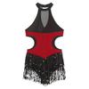 Women's Shiny Sequins Tassel Latin Jazz Dance Leotard Bodysuit Crisscross Back Lyrical Dance Costume
