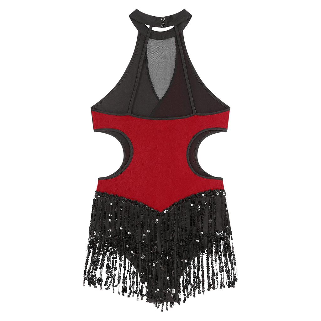 Women's Shiny Sequins Tassel Latin Jazz Dance Leotard Bodysuit Crisscross Back Lyrical Dance Costume