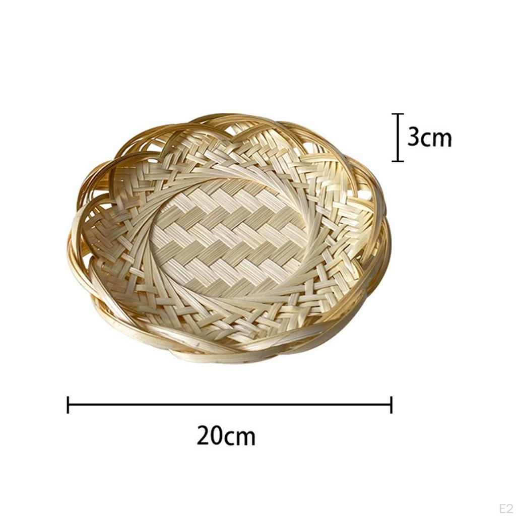 Handwoven Bamboo Bread Tray Serving Basket Tealight Wood Farmhouse Food Storage Woven