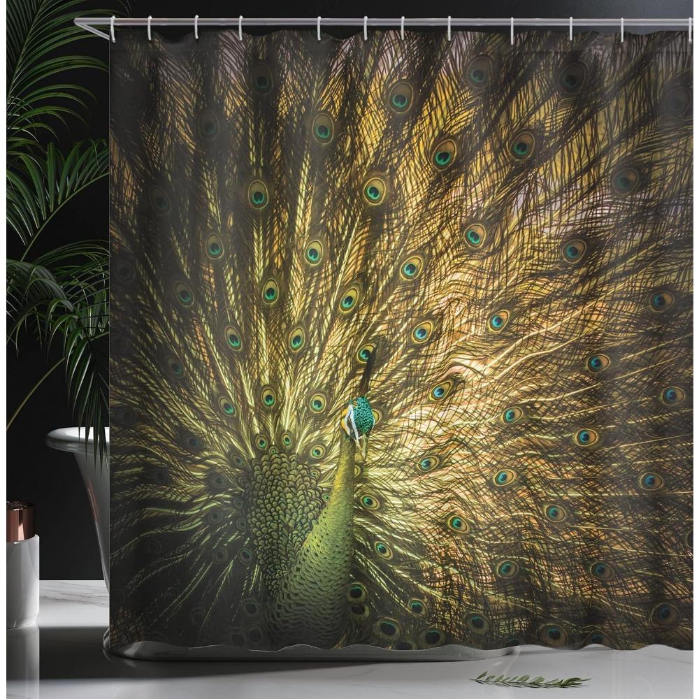 majestic male peacock shower curtain, dark hued feather art, modern print, fabric bathroom decor