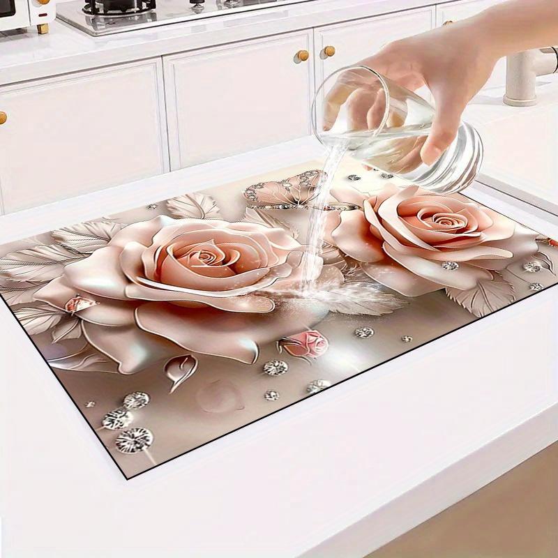 1Pcs Rubber Drying Mat With Floral Print For Coffee Shop Restaurant Kitchen Carpet Tableware Durable Diatom Mud Table Mat Pet Mat Coffeeware