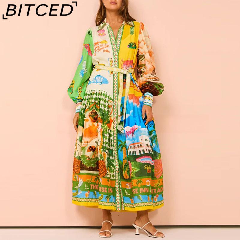 

BITCED Весеннее женское платье с принтом, рукавами-фонариками, приталенное, с длинным рукавом и полной юбкой XXXL разноцветный