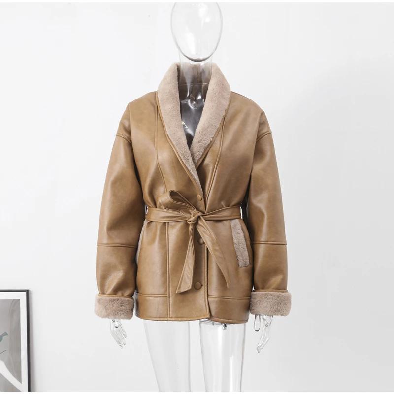 Zimní tlusté plyšové kožené bundy dámské kancelářské jednoradové s klopami nadměrný kabát dámský s dlouhým rukávem svrchní oděv topy