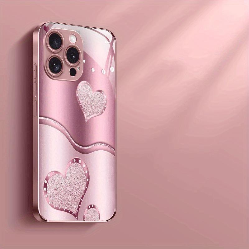 Cute Love Heart Pattern Pink Metallic Paint Glass Hard Phone Case For iPhone 17 Air 17 16 15 14 13 12 11 Pro Max Plus 16E Cover