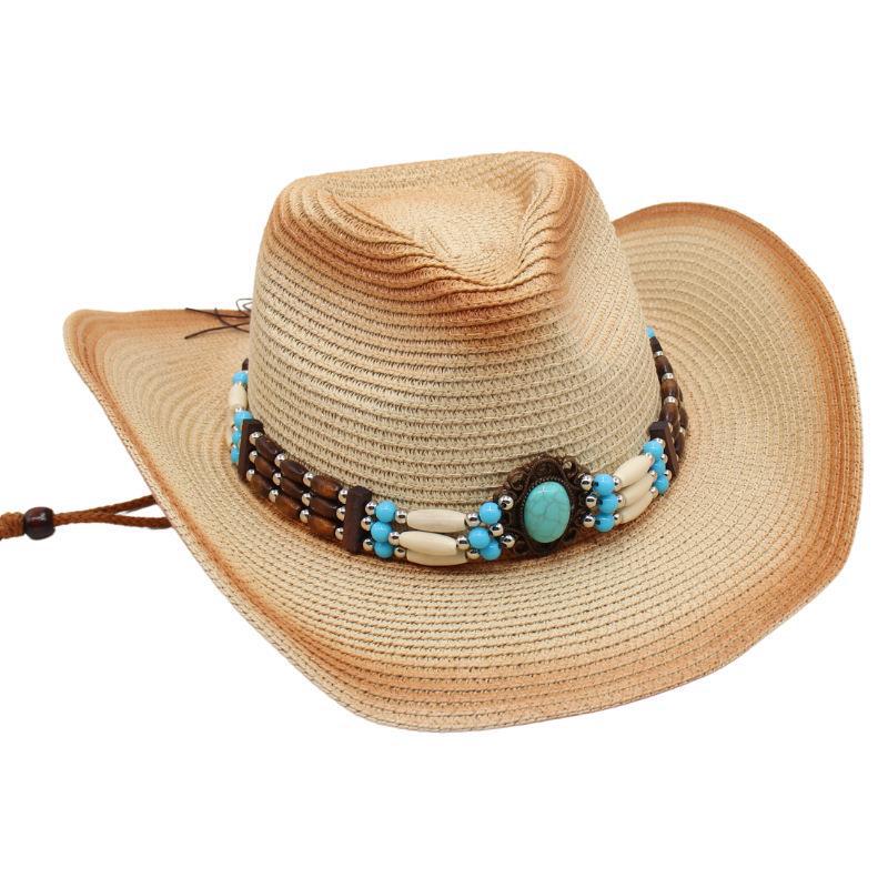 Gem Western Cowboy Straw Hat Seaside Sunscreen Sun Hat Ethnic Breathable Hand Woven Beach Hat