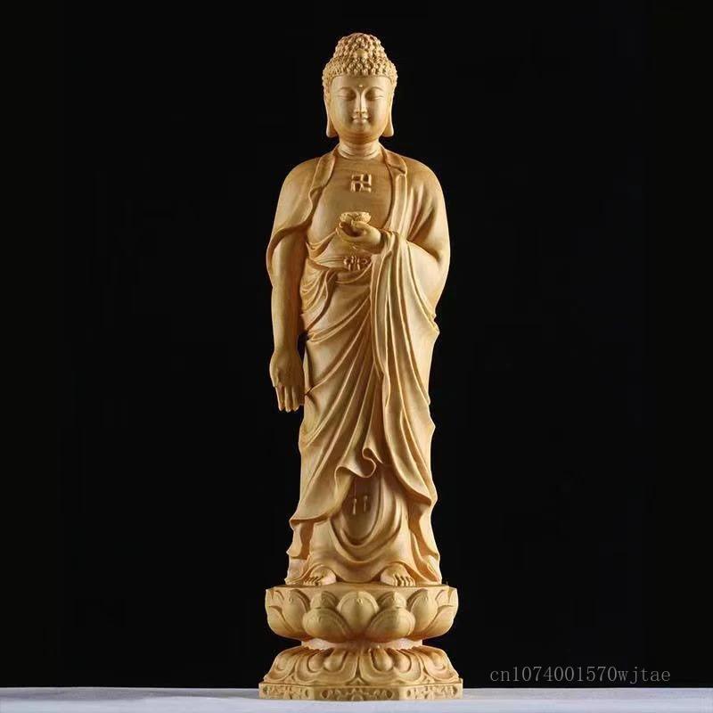 Boxwood Buddha Statue Stand, Amitabha Bodhisattva Buddha Household and Office Decoration, Avalokitesvara, Guanyin Sculpture, 1Pc