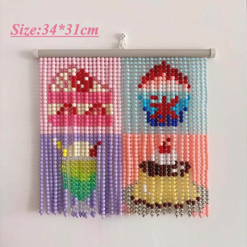 Vintage Caramel Pudding Pattern Bead Mini Curtain Decorative Crafts Kawaii Sushi Beaded Painting for Girls Room Decor INS Style