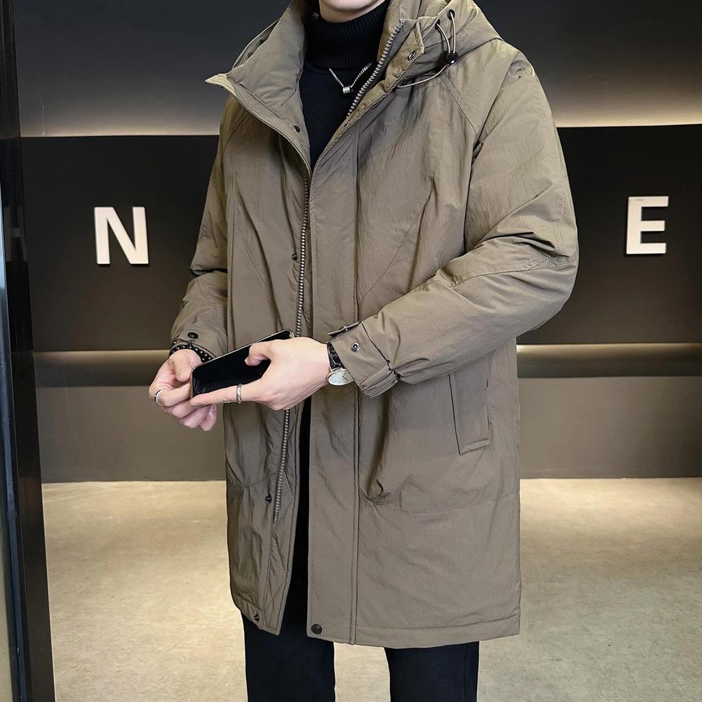 Men's Mid-length Down Jacket 2025 Winter Hooded Thick Trench Coat Trendy Outerwear