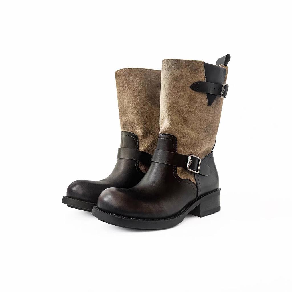 Soft leather version retro old polished pleated boots women's belt buckle color matching locomotive boots thick heel tall knight boots