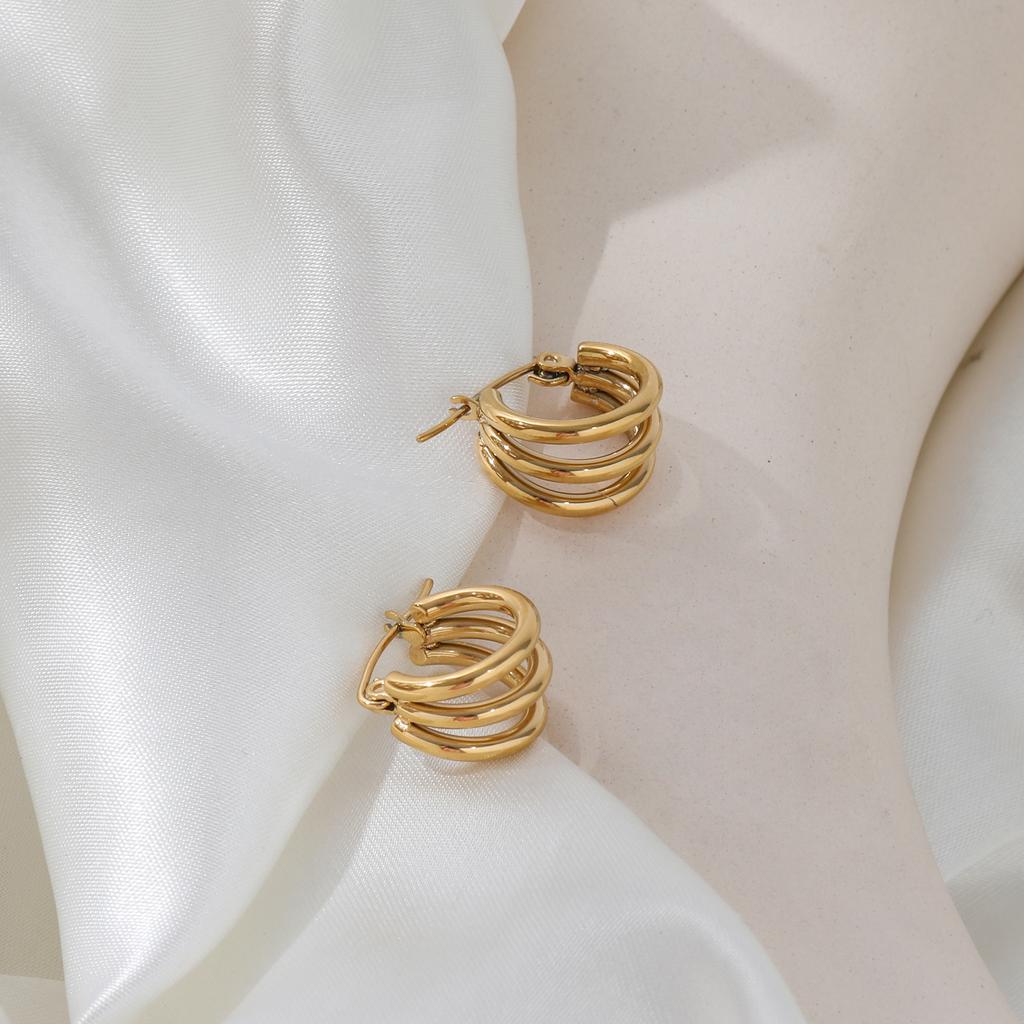JOOLIM High End 18K Gold Plated Three Circle Multi-layer Hoop Earrings Stainless Steel Jewelry for Women