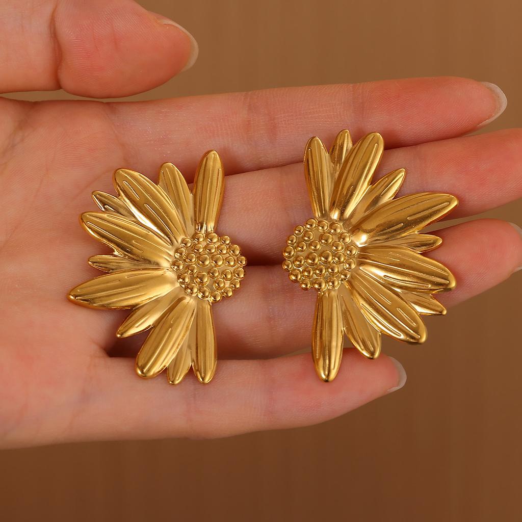 Women Exaggerated Gold Color Daisy Flower Hanging Earrings Stainless Steel Geometry Irregular Ear Piercing Jewelry Christmas