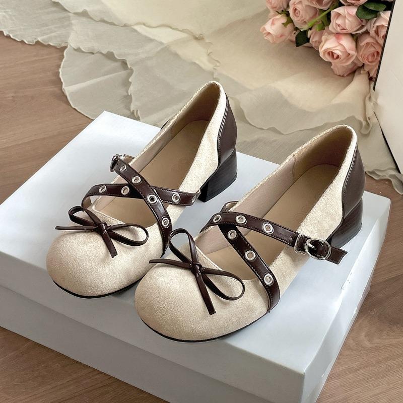 Retro Runde Zehenpartie Mary Jane Schuhe Damen Frühling Design Dicke Absatzschuhe 2026 Neu Damen Schmetterlingsknoten Schnalle Party Pumps