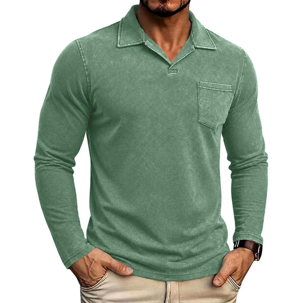 Men's Vintage Washed Long Sleeve Polo Shirt Retro Pocket Collar Casual Top for Everyday Wear