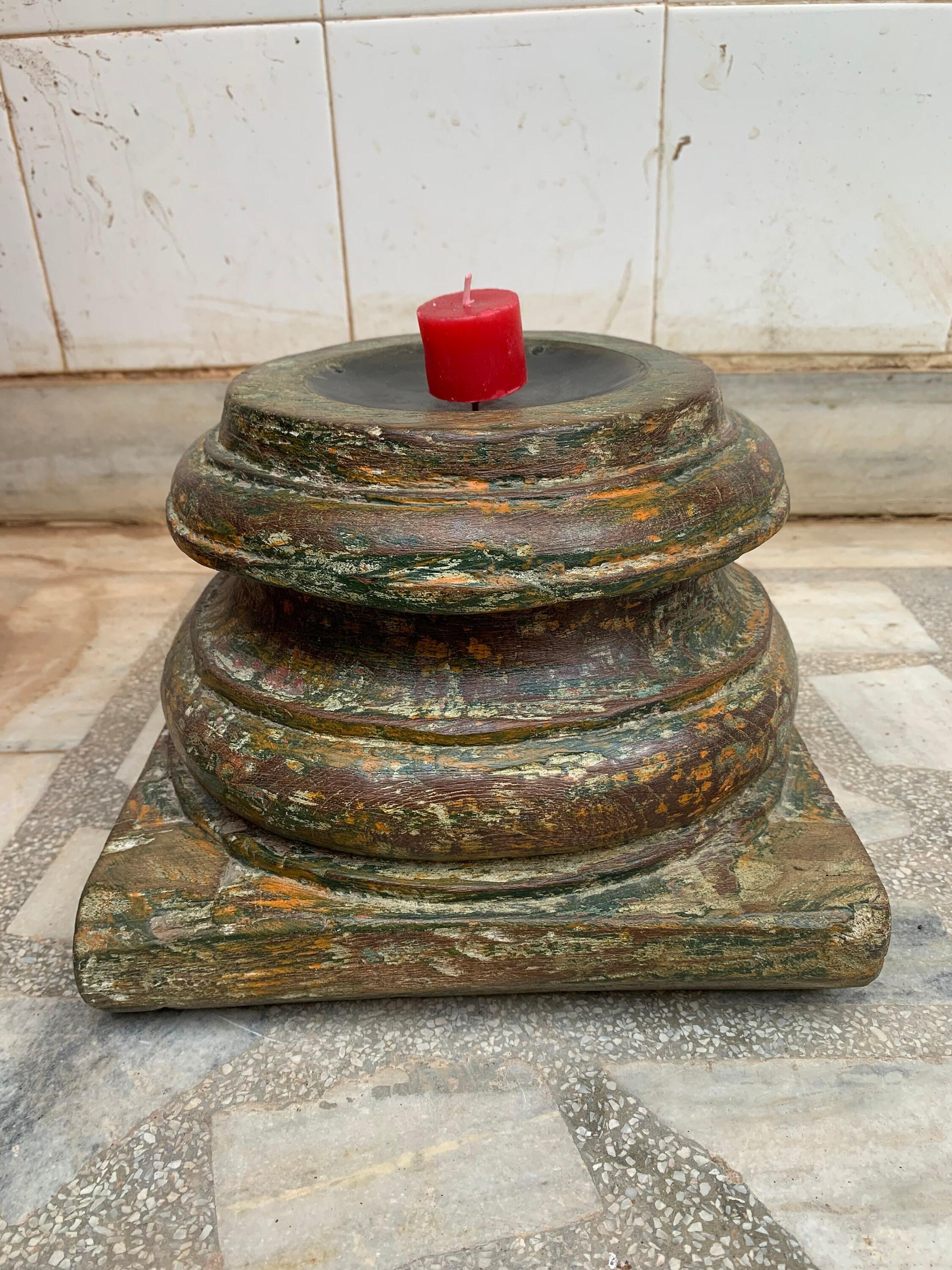 

Antique Carved Wood Candle Stand: Rustic Reclaimed Indian Decor 16” X 8” X 24” (l x w x h) разноцветный