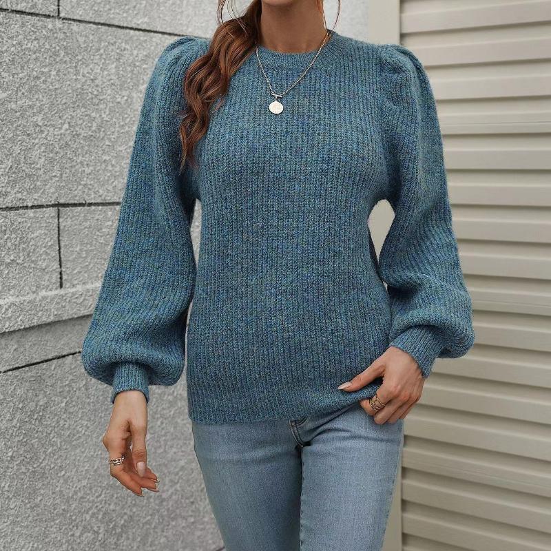 IHUASU Autumn and Winter Patchwork O-Neck Knit Women's Long Sleeve Pleated Loose Sweater