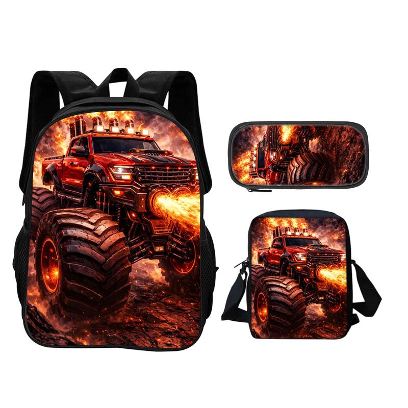 Monster Jam Backpack Pencil Box Shoulder Bag 3Pcs Set Cartoon Printed New Trendy Student School Best Campus Companion