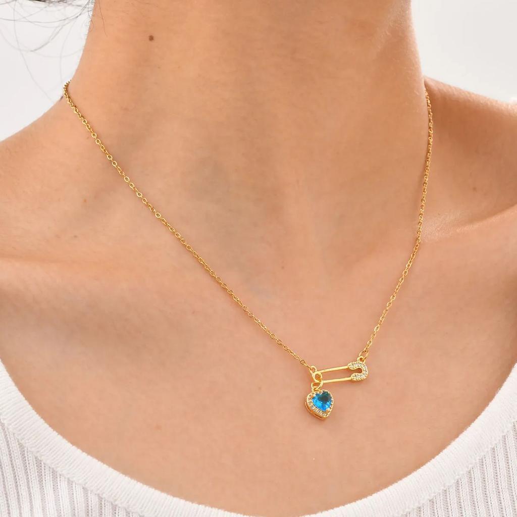 Fashion Heart Zircon Paper Clip Necklace for Women,Gold Color Stainless Steel Flat Rolo Chain Necklaces,Chic Jewelry Gifts