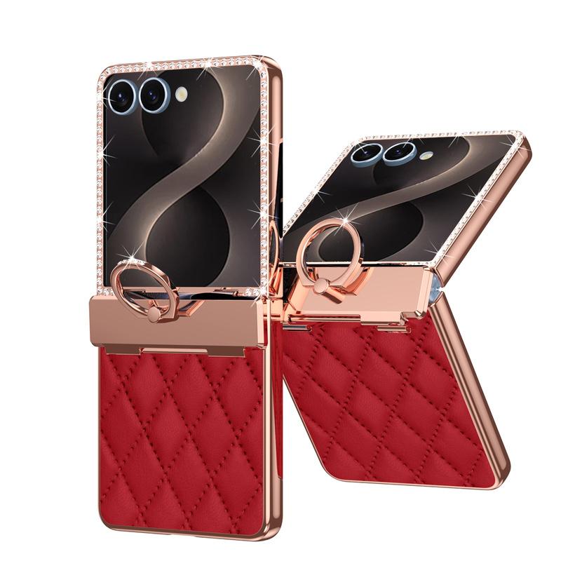 Luxury Diamond PU Leather Phone Case for Samsung Z Flip 8 7 6 5 4 Flip6 Flip7 Flip8 Ring Holder Hinge Protective Cover Women