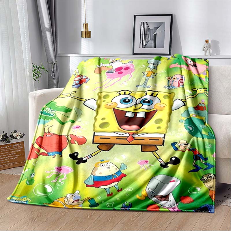 SpongeBob SquarePants Full Cast Print Flannel Blanket, Bikini Bottom Characters Soft Cozy Throw 80cm x 120cm