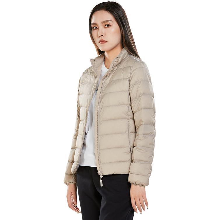 Li Ning Womens Fitness Series Solid Color Slim Fit Stand Collar Zipper Long Sleeve Down Jacket Women Outerwear Dusty-Gray AYMU112-5