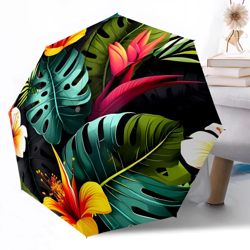 Tropical Leaf Pattern Compact Travel Automatic Umbrella Compact & Durable 8-Rib Design Foldable Design for Outdoor Daily Use Elegant Umbrella