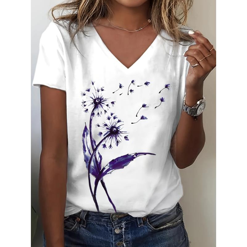 Lebhaftes Löwenzahn 3D-Druck V-Ausschnitt T-Shirt - Klassische Passform Kurzarm Lässiger Stil Damen T-Shirts