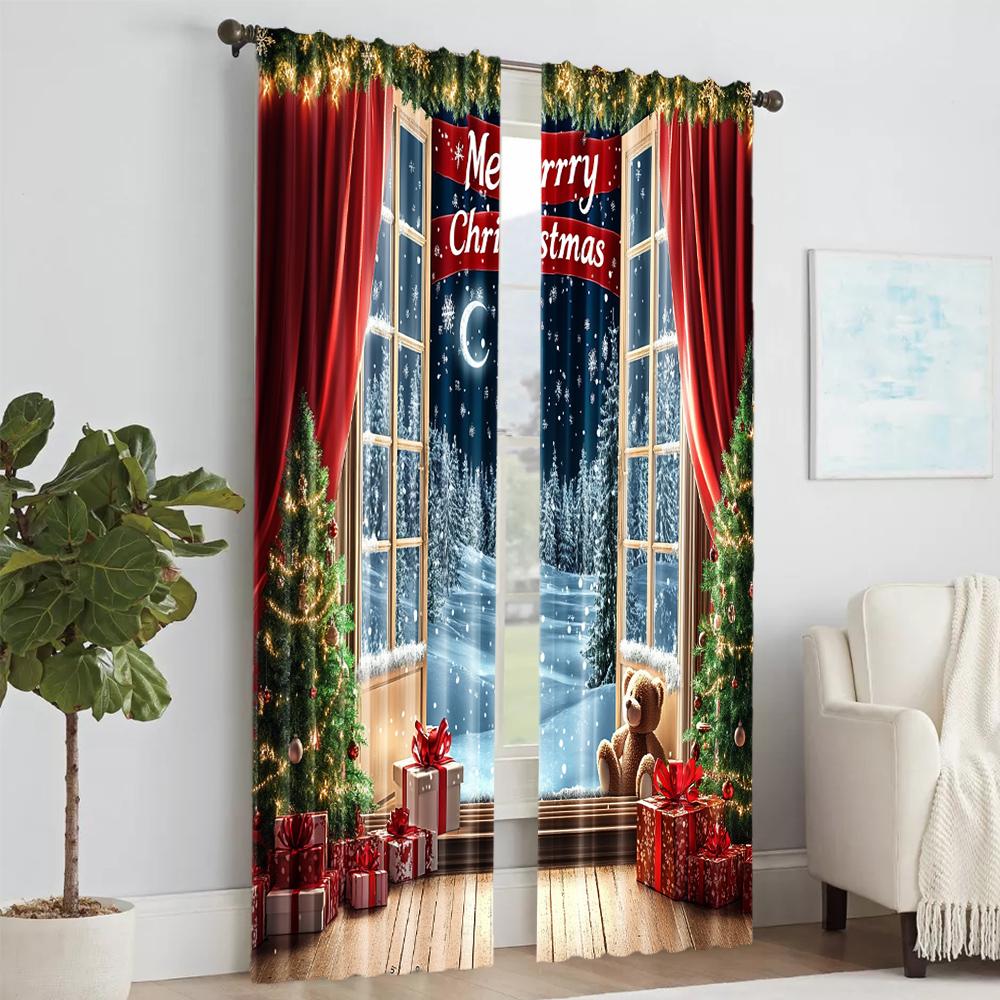 2Pcs Christmas Tree Printed Window Curtains Rod Pocket Design Machine Washable Window Drapes For Living Room And Bedroom Home