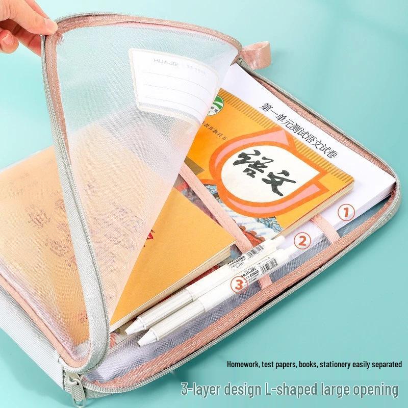 A4 Large Capacity Three-Layer File Bag with Transparent Mesh