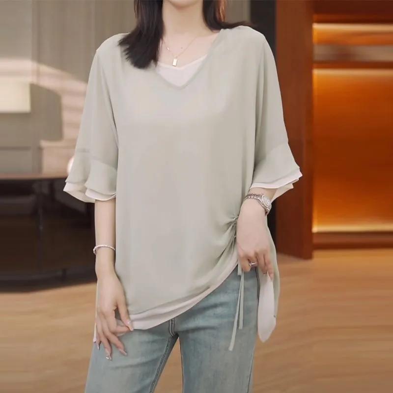 

Three-quarter Sleeve Chiffon Shirt for Large Women Loose Fashion Casual Breathable Summer New L зелений