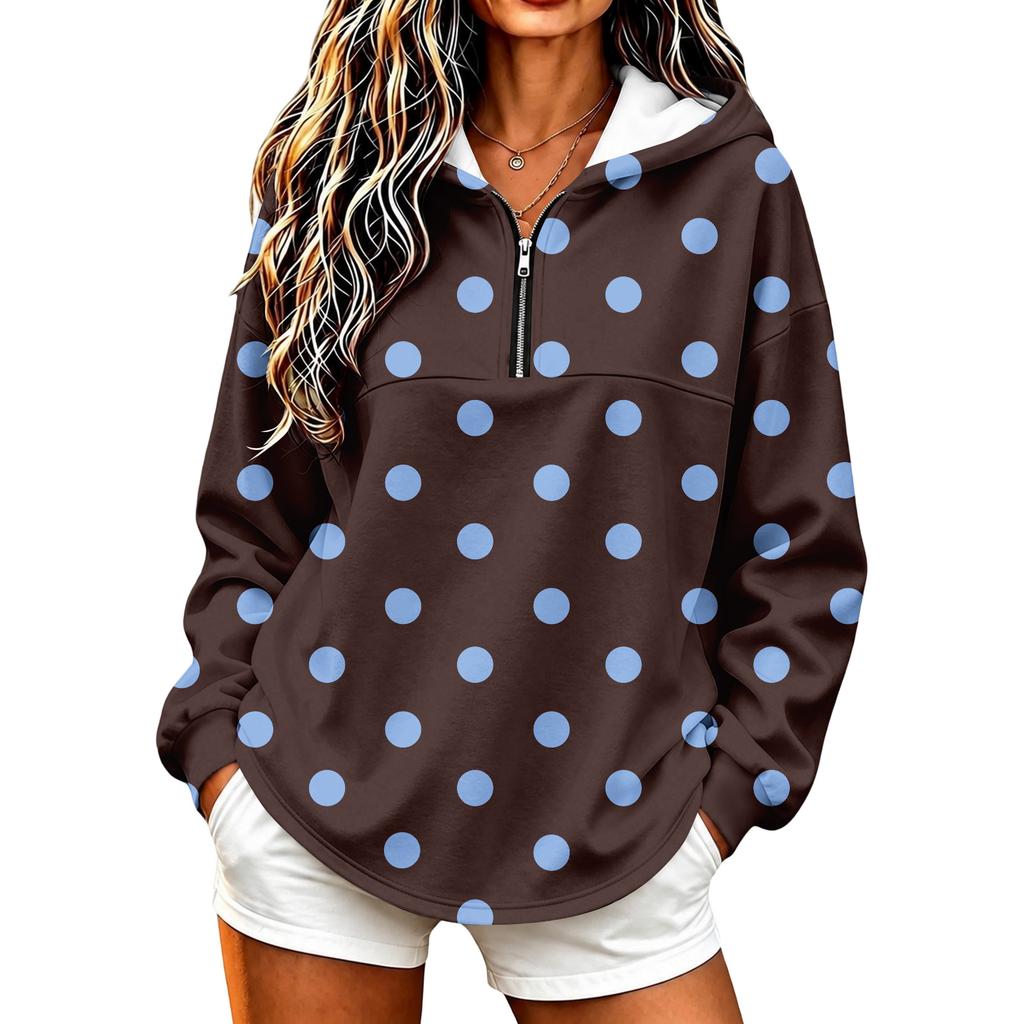 Leichter Kapuzenpullover für Damen mit Polka-Dot-Print, Pullover-Sweatshirt ohne Taschen für Freizeitkleidung