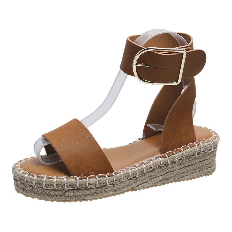 Spring and summer new belt buckle one-word wedge sandals women's flat-bottomed sewing line hollow open-toed sandals