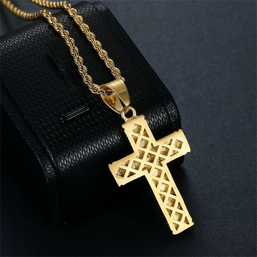 Iced Stainless 316L No Fade Titanium Steel Full Diamonds Cross Pendant Necklaces for Men Women Punk Rock Hip Hop Jewelry
