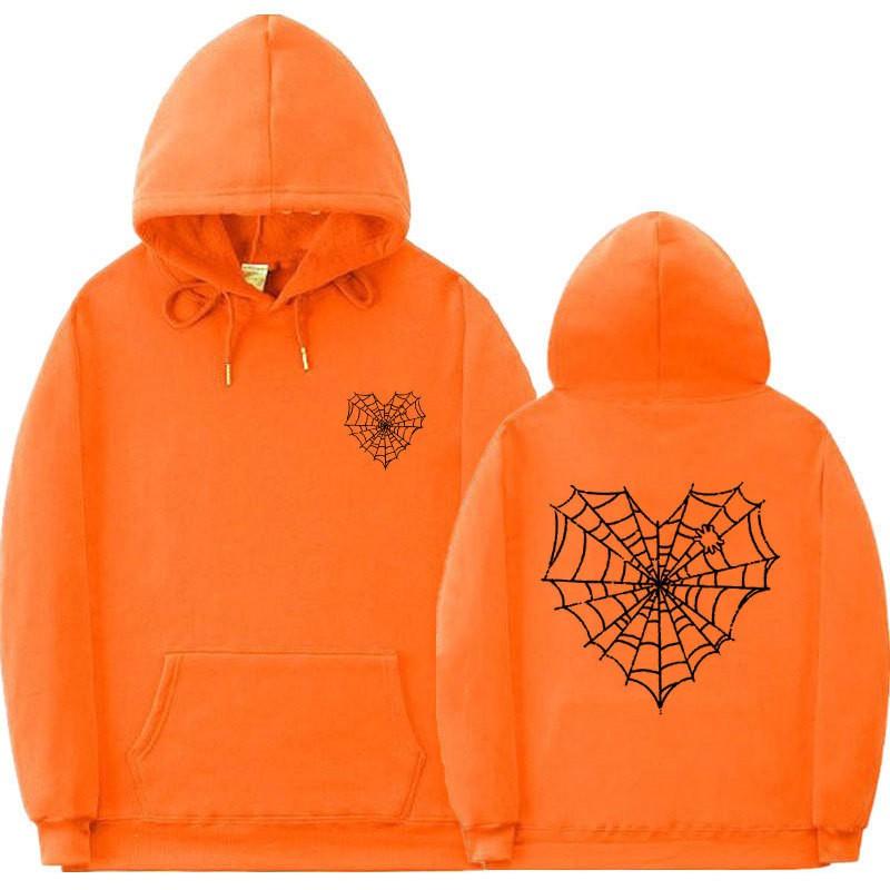 Gothic Spiderweb Print Hooded Sweatshirt Unisex Oversized Pullover With Ribbed Hem Fall