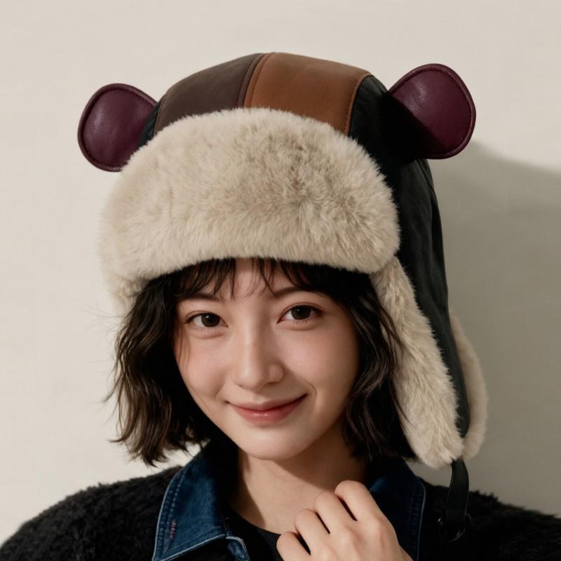 Unisex Winter Fleece Lined Aviator Hat With Bear Ear Detail Faux Leather Warm Beanie Cold Weather Outdoor Use