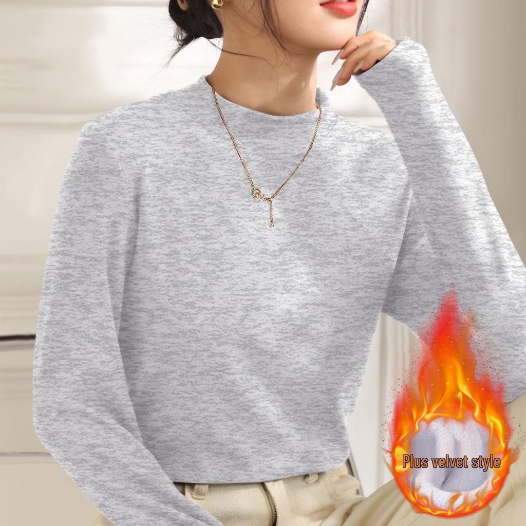 2026 Women's Fleece-Lined Slim Fit T-Shirt: Simple Round Neck Base Layer for Spring, Autumn, Winter