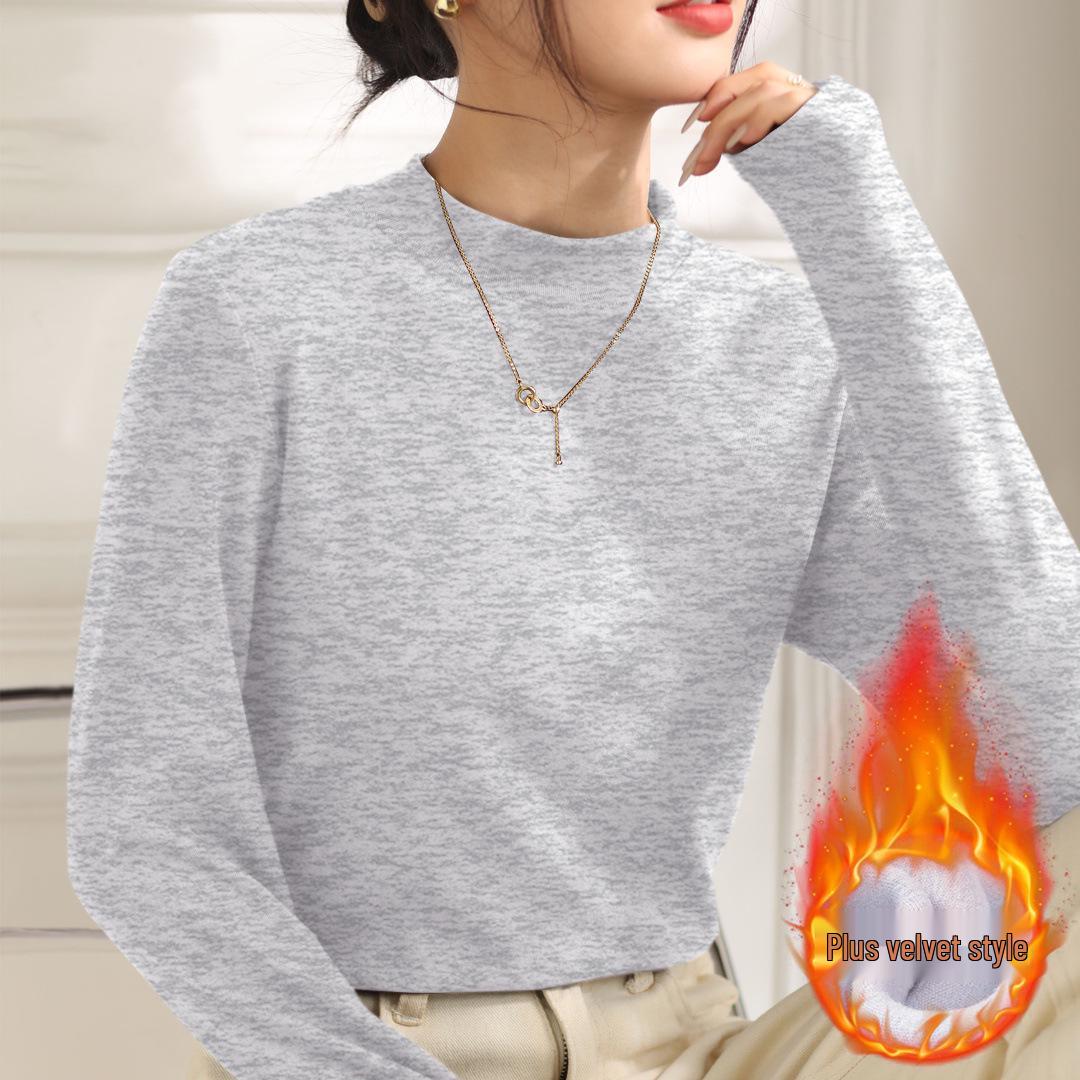 

Женская облегающая футболка с флисовой подкладкой 2026: Простая базовая футболка с круглым вырезом для весны, осени, зимы M