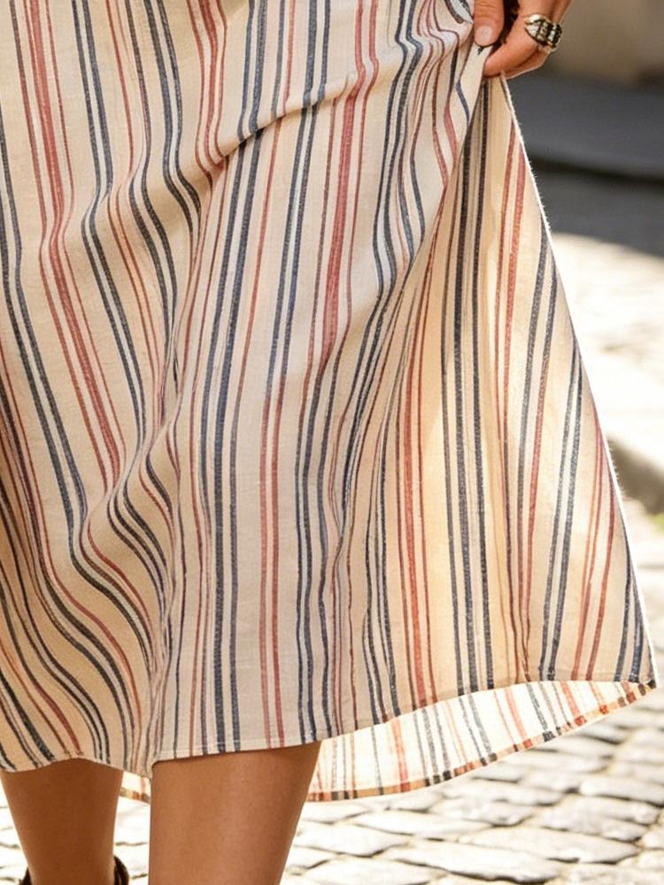 Women Summer Striped Sleeveless Midi Dress V Neck Empire Waist Loose Linen Look Sundress Bohemian City Holiday Outfit