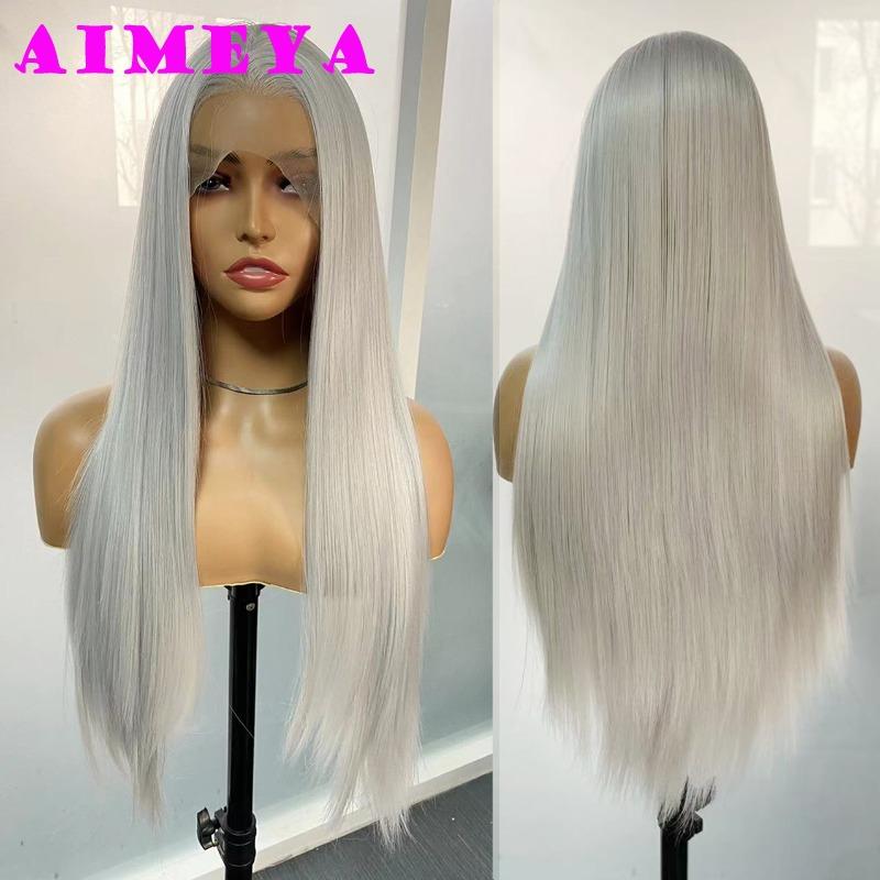 AIMEYA Free Part Silver Cosplay Wig Widow's Peak Synthetic Lace Front Wig Long Straight AoGuang Cosplay Wig for Men or Women