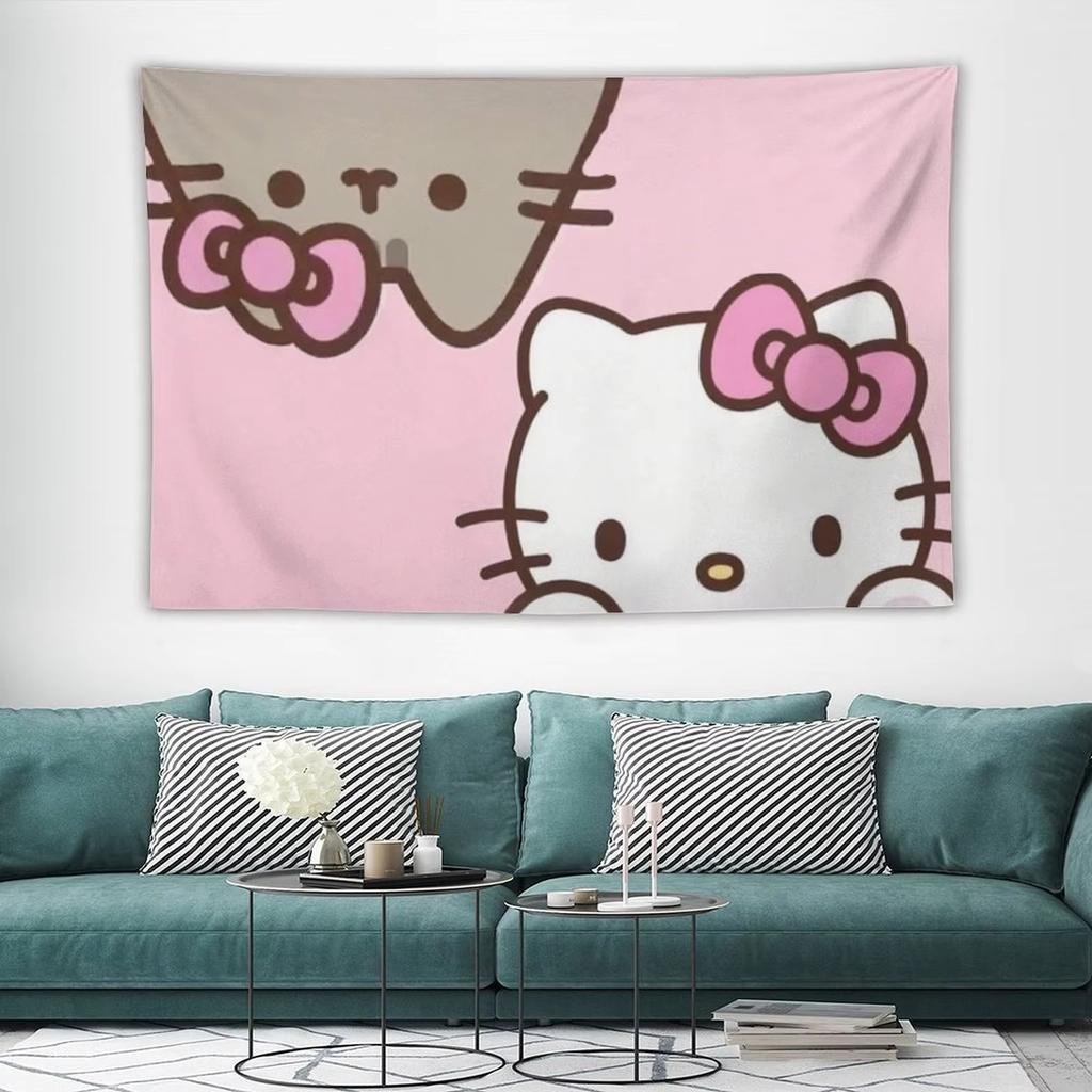 Sanrio Hello Kitty Cat Cartoon Tapestry Lively Bright Cute Anime Home Decor Flat Print for Bedroom Wall Decoration