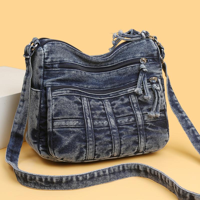 Vintage džínová taška přes rameno Dámská crossbody taška Vícekomorová taška pro maminky