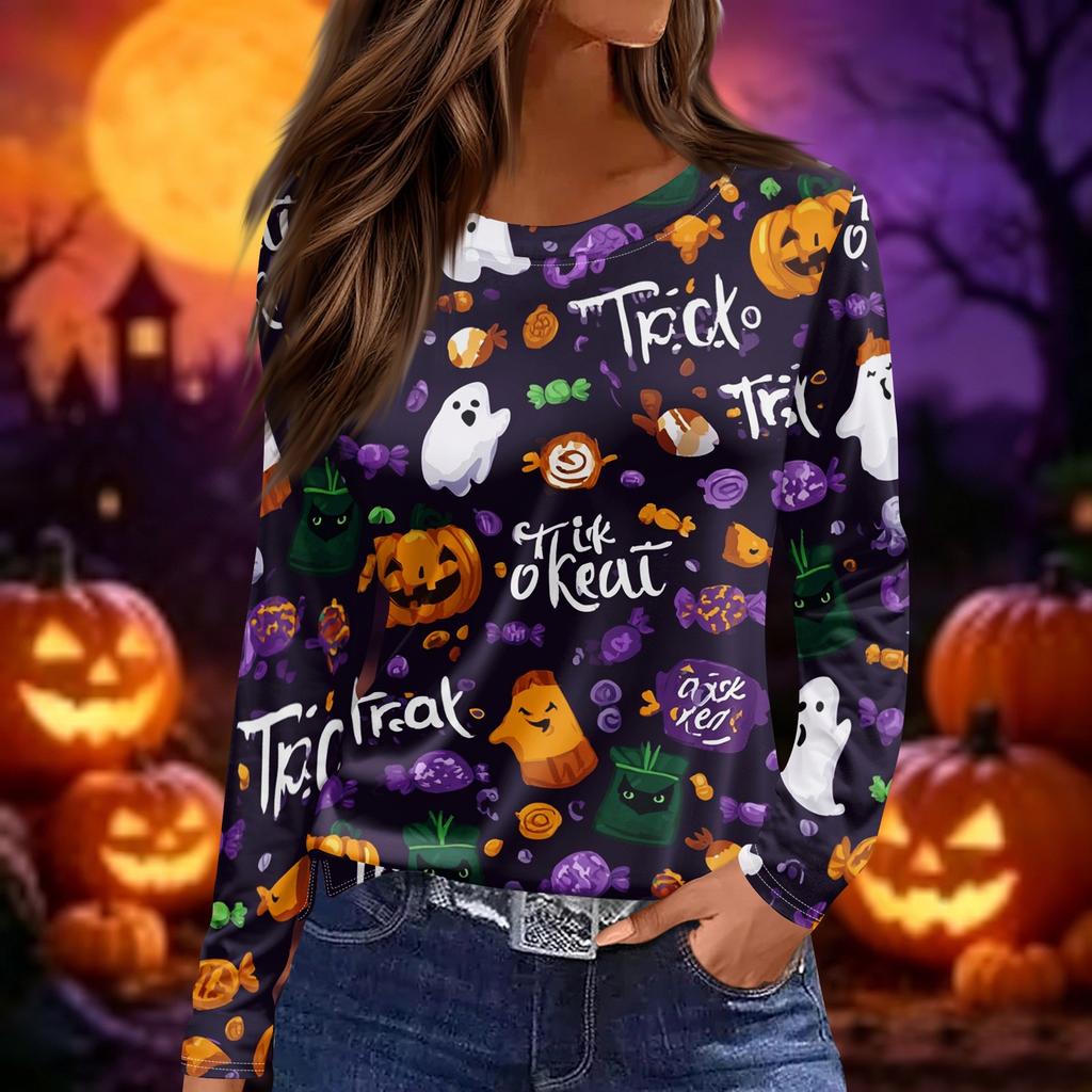 Women's Long Sleeve Halloween Print Top Split Hem Casual Pullover Round Neck Shirt Lightweight Comfortable Fit