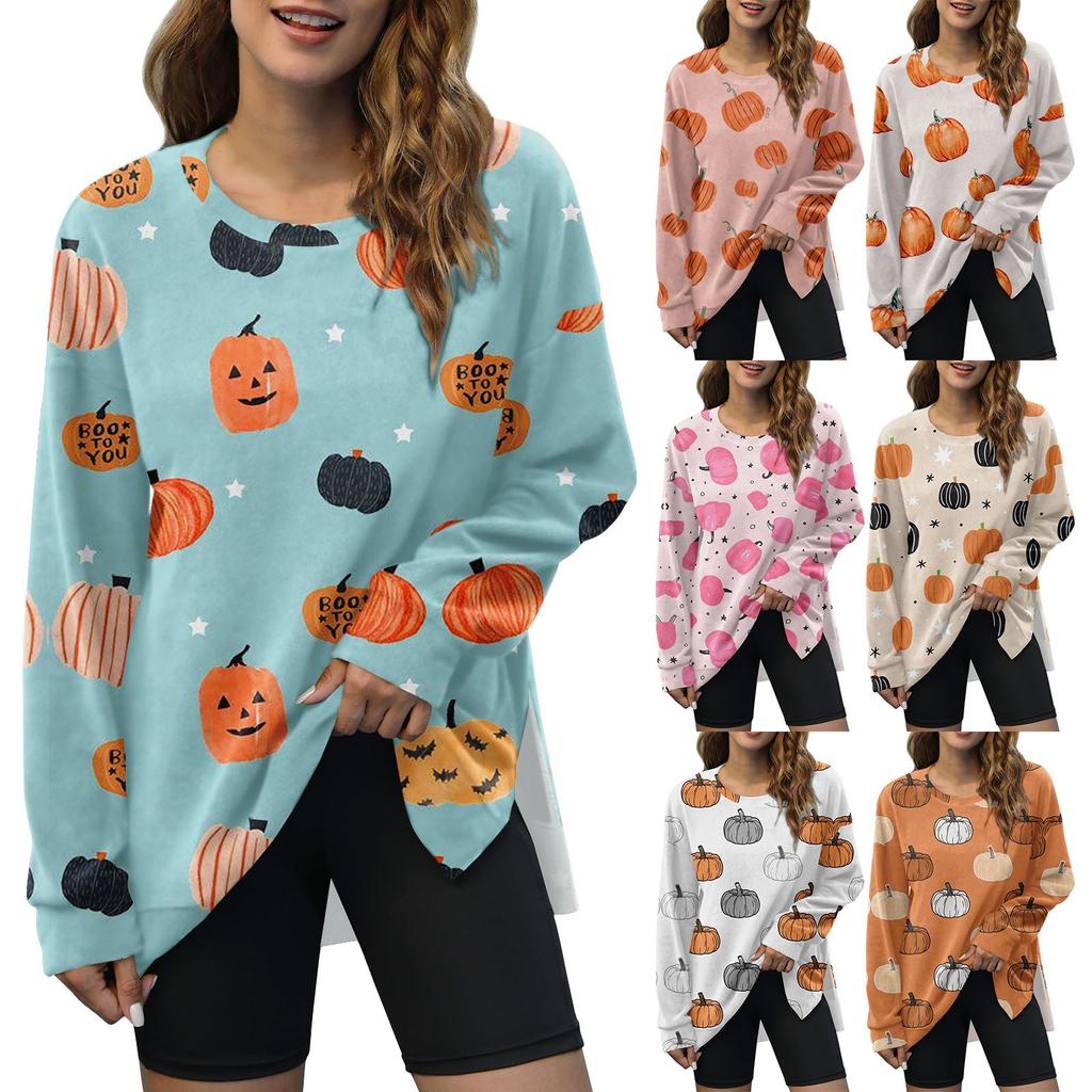 Women's Fashion Side Split Round Neck Pullover Long Sleeve Halloween Printed Top Sweatshirt